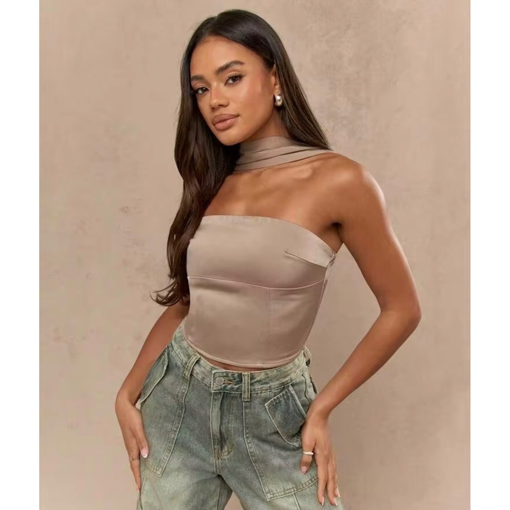 NWT Missguided Taupe Halter Corset Crop Top L Y2K Going Out